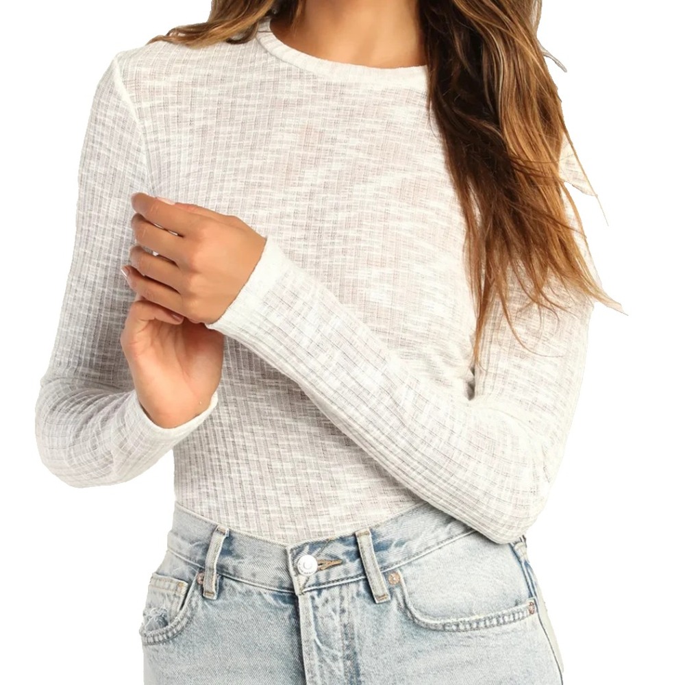 Intimately Free People Top Aura Rib Knit Sheer Layering Tee White Long Sleeve